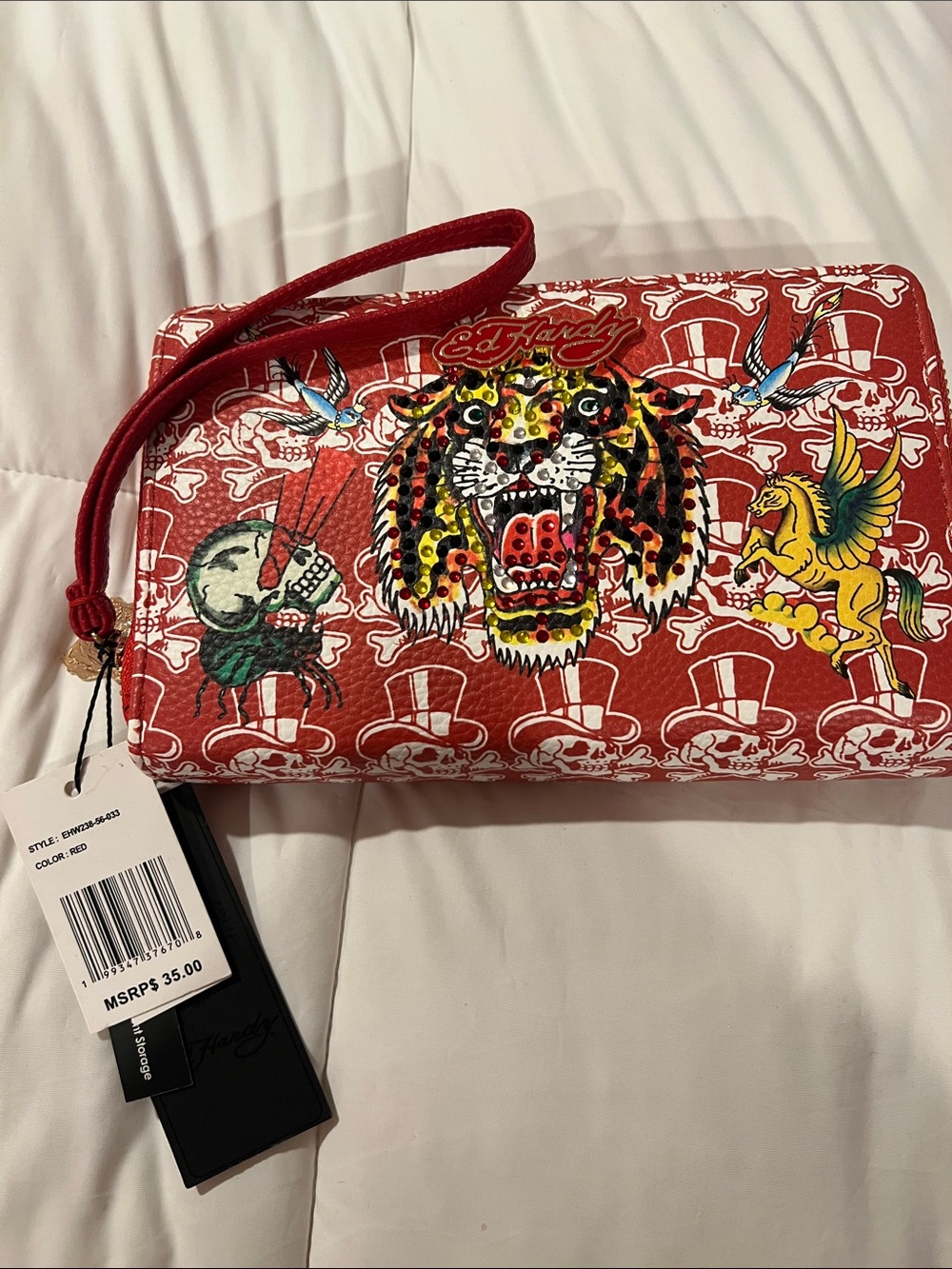 Ed Hardy Red Printed Wristlet with Tiger and Graphic Art MSRP $35